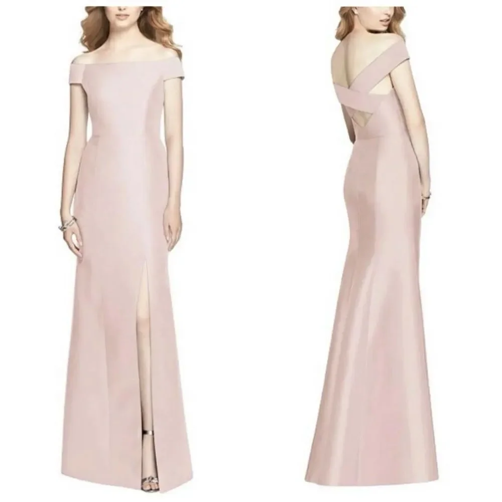 NWT Alfred Sung Cameo Satin Off The Shoulder Floor Length Gown Size 4 - Picture 1 of 9